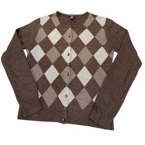 Apt. 9 100% Cashmere Brown and Cream Argyle Button Down Long Sleeve Cardigan